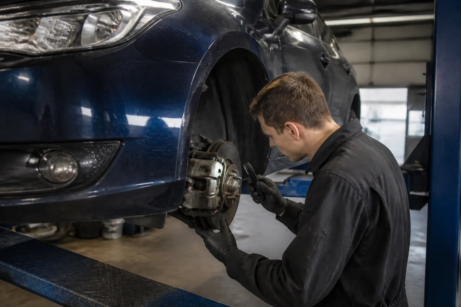 Technician inspecting a car wheel and brake area during an MOT advisory check
