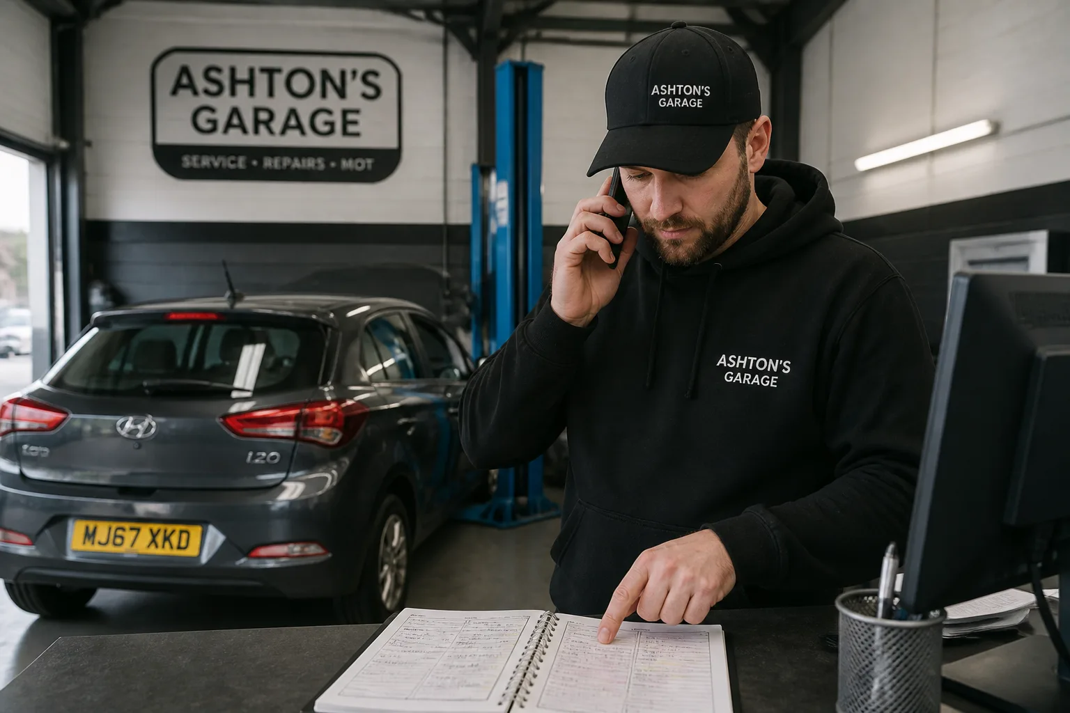 Mechanic at Ashton’s Garage discussing an early MOT booking beside a UK-market car