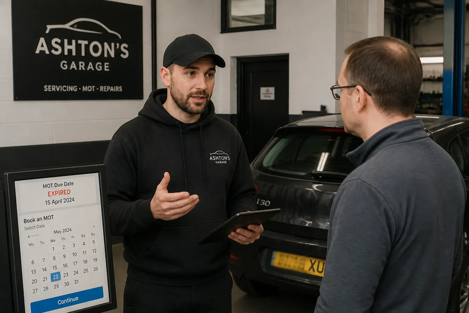 Mechanic explaining an expired MOT and arranging a test for a UK car owner in an independent garage