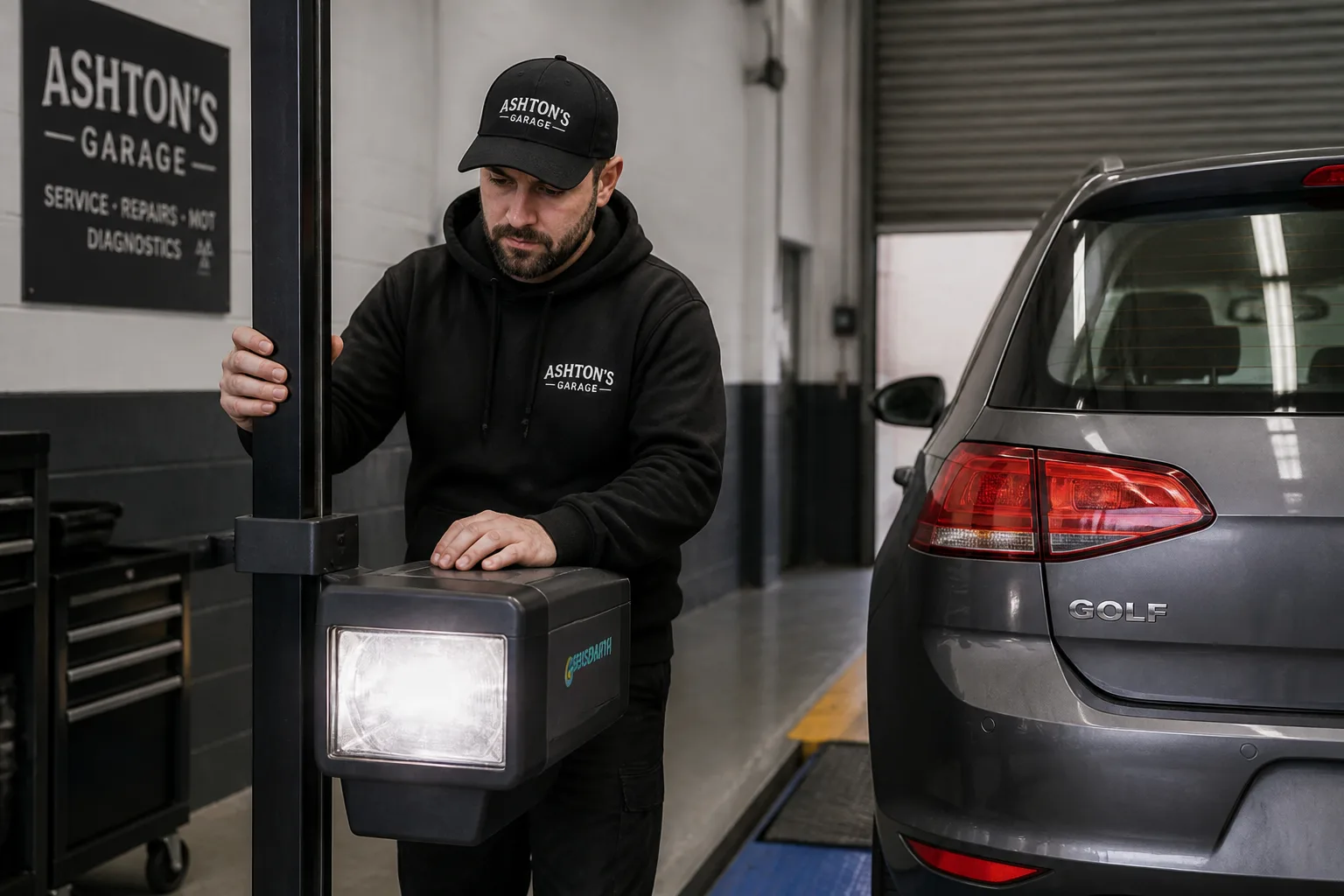 Mechanic carrying out an MOT inspection on a UK-market car in an independent garage