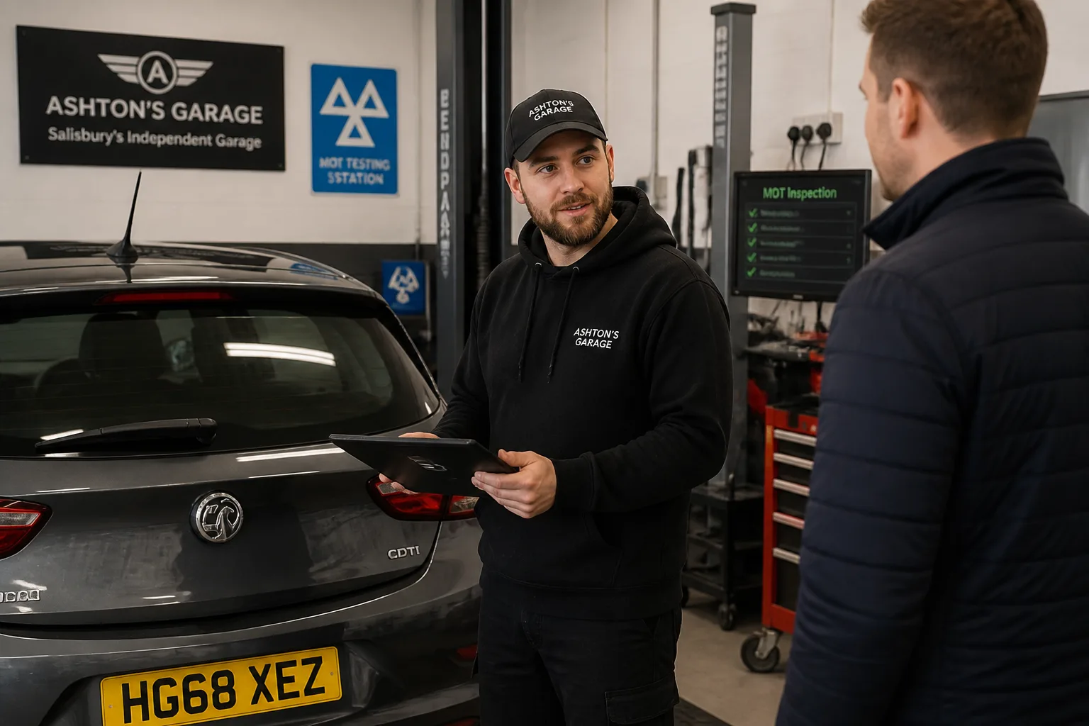 Mechanic preparing a UK-market car for an MOT inspection in an independent garage