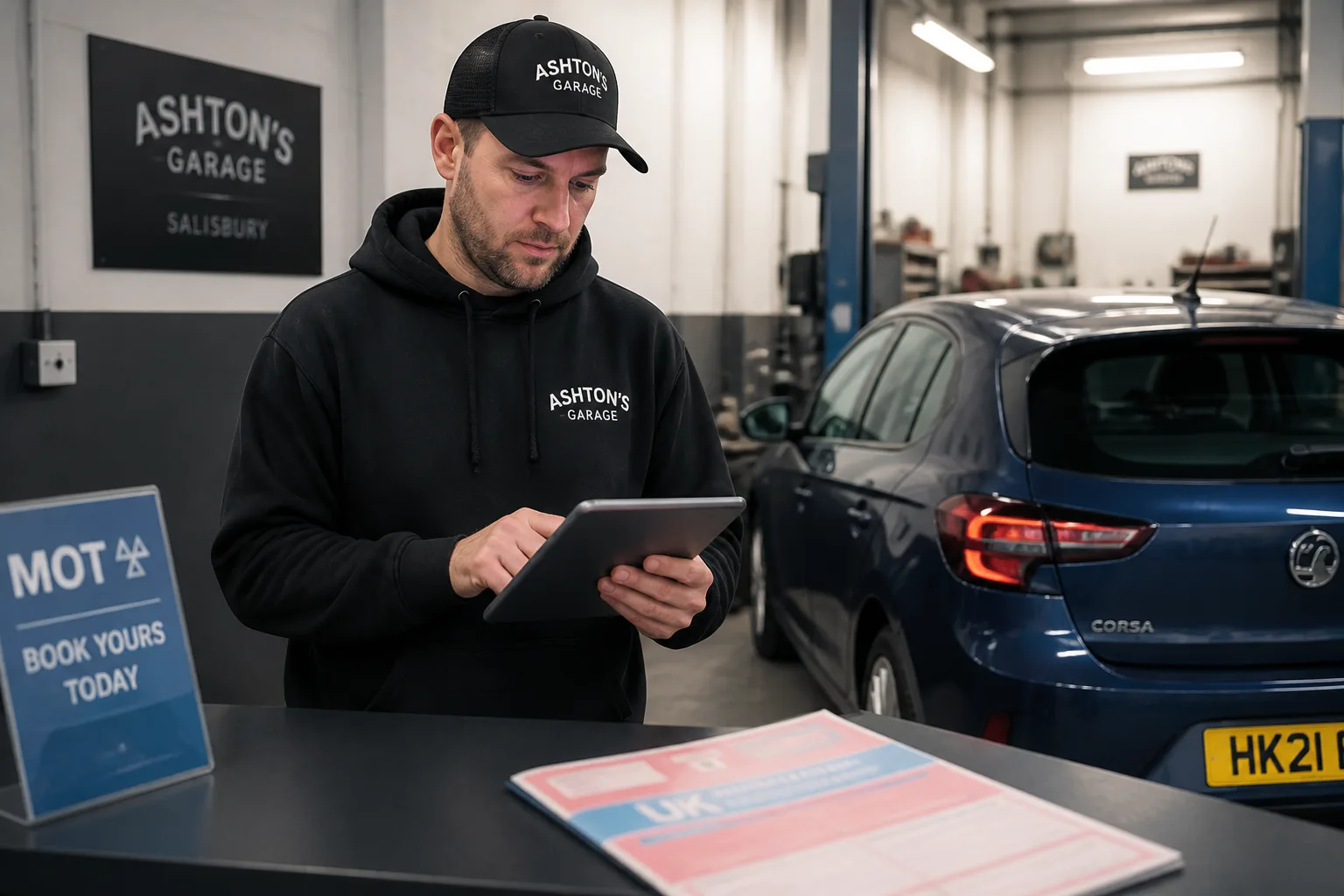 Mechanic checking MOT appointment details and vehicle paperwork in an independent UK garage