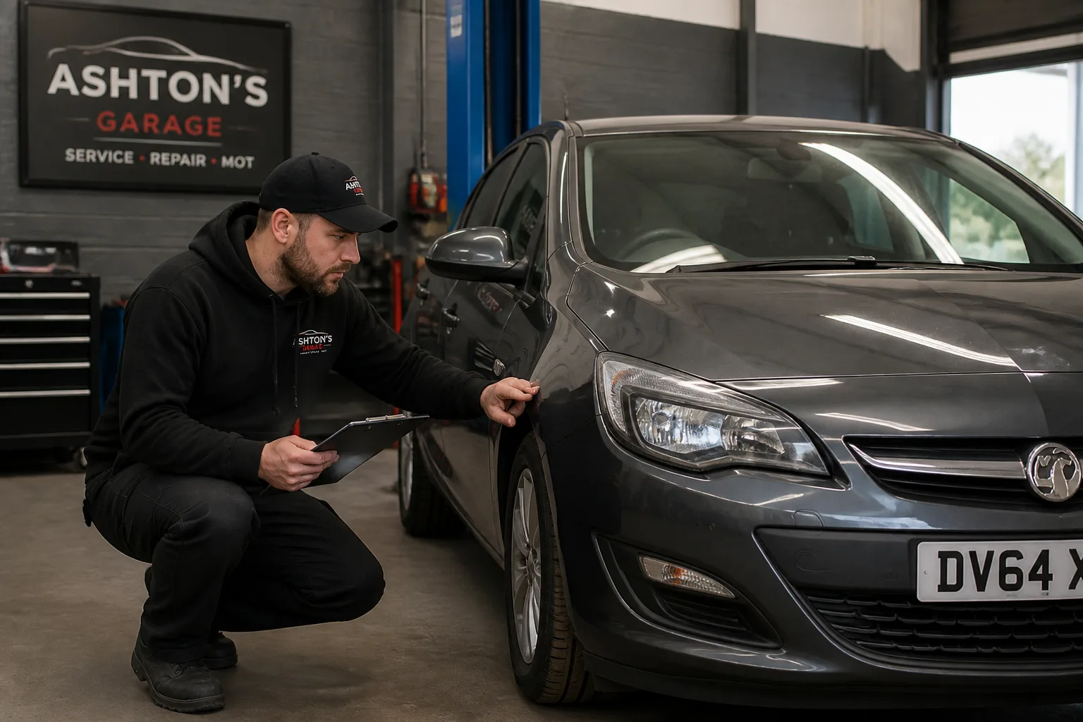 Mechanic carrying out a pre-MOT check on a family car in an independent UK garage