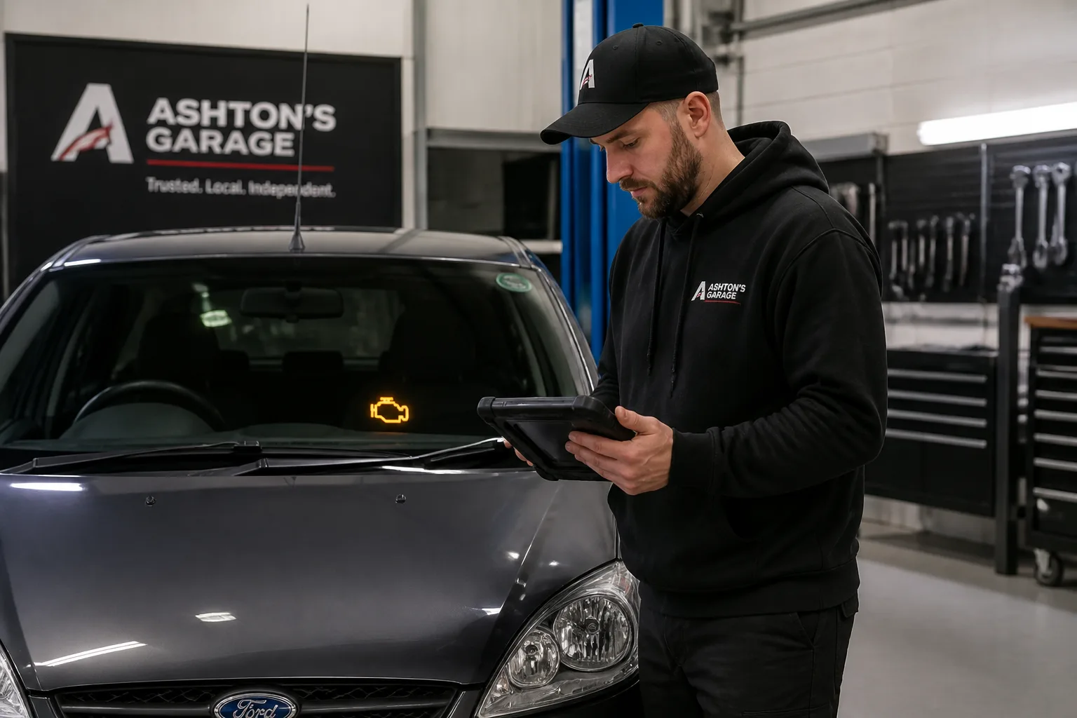 Mechanic checking a dashboard warning light before an MOT in an independent UK garage
