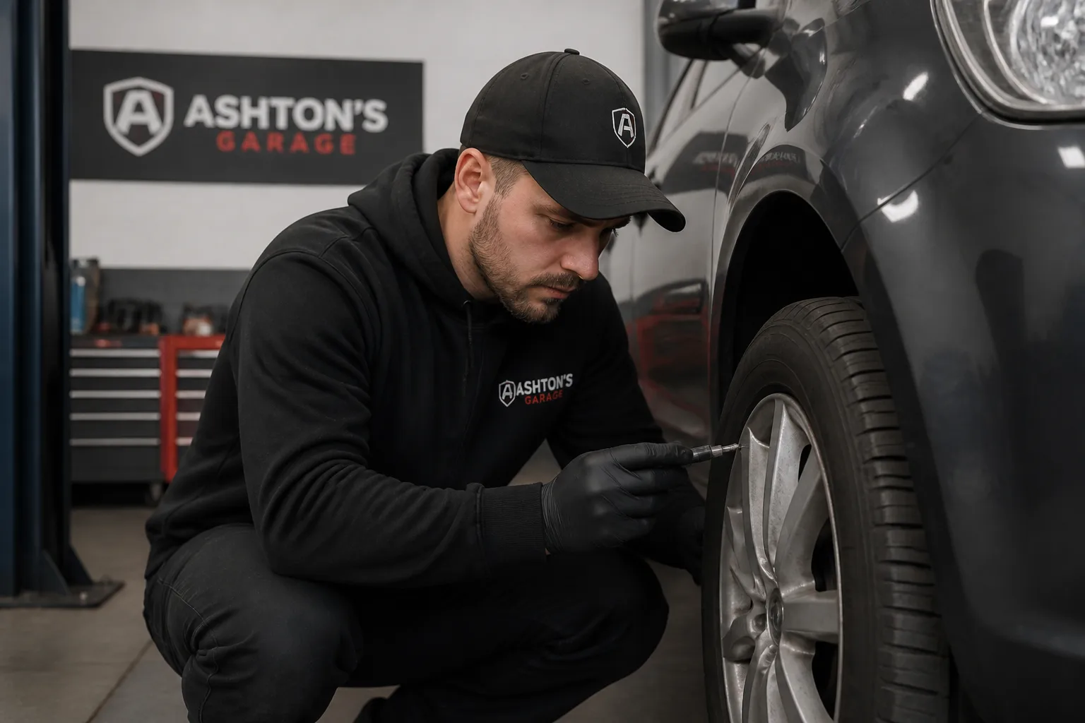 Mechanic inspecting the tread and sidewall of a worn car tyre during an MOT check