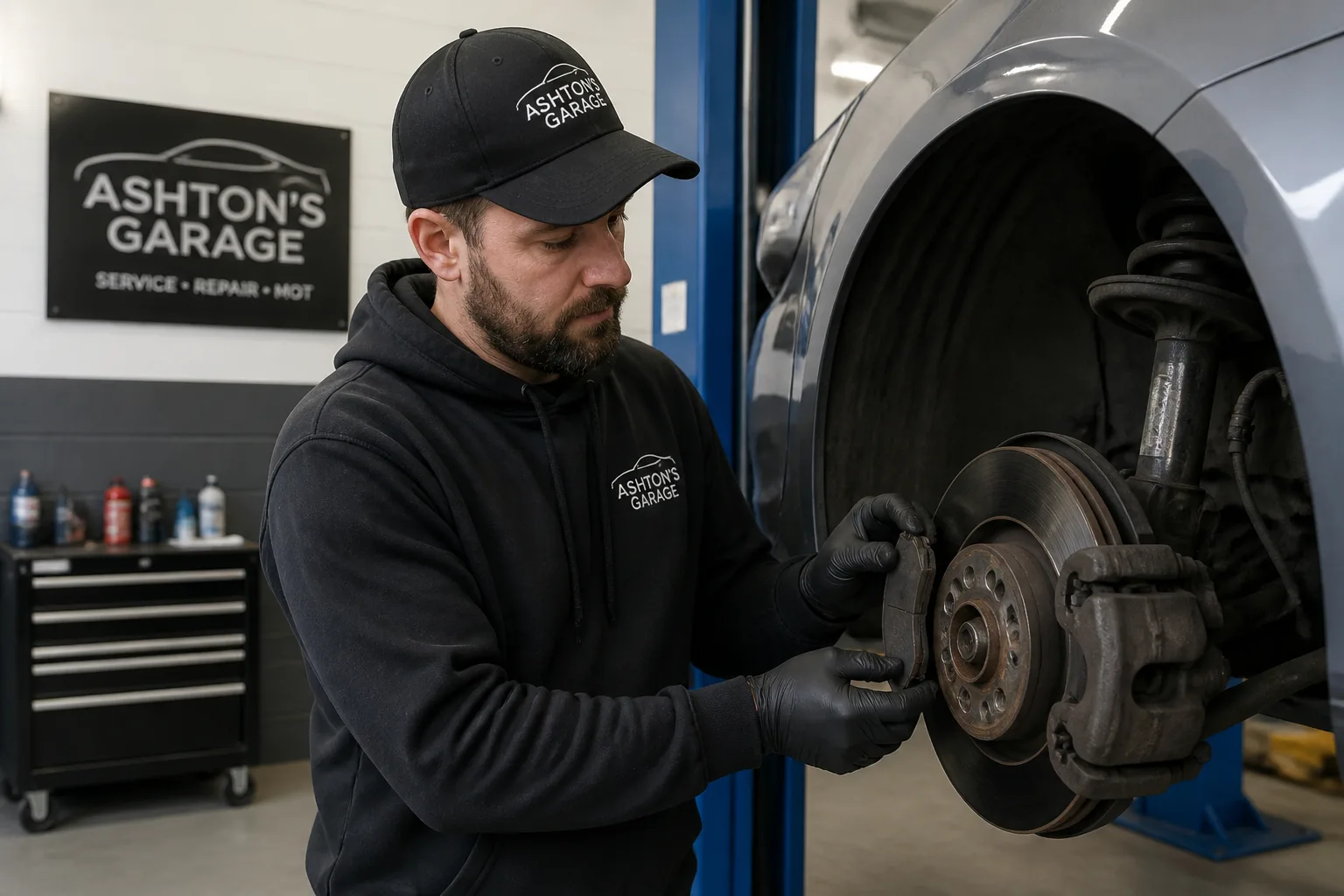 Mechanic inspecting front brake pads on a car in an independent UK garage