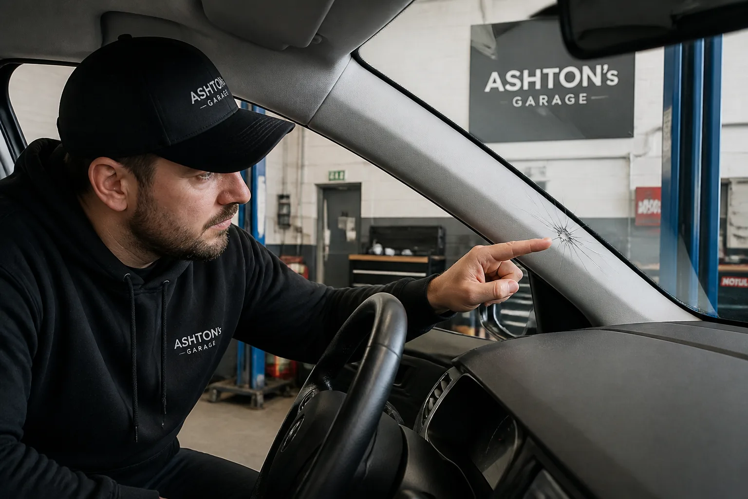 Mechanic inspecting a cracked windscreen on a UK-market car in an independent garage