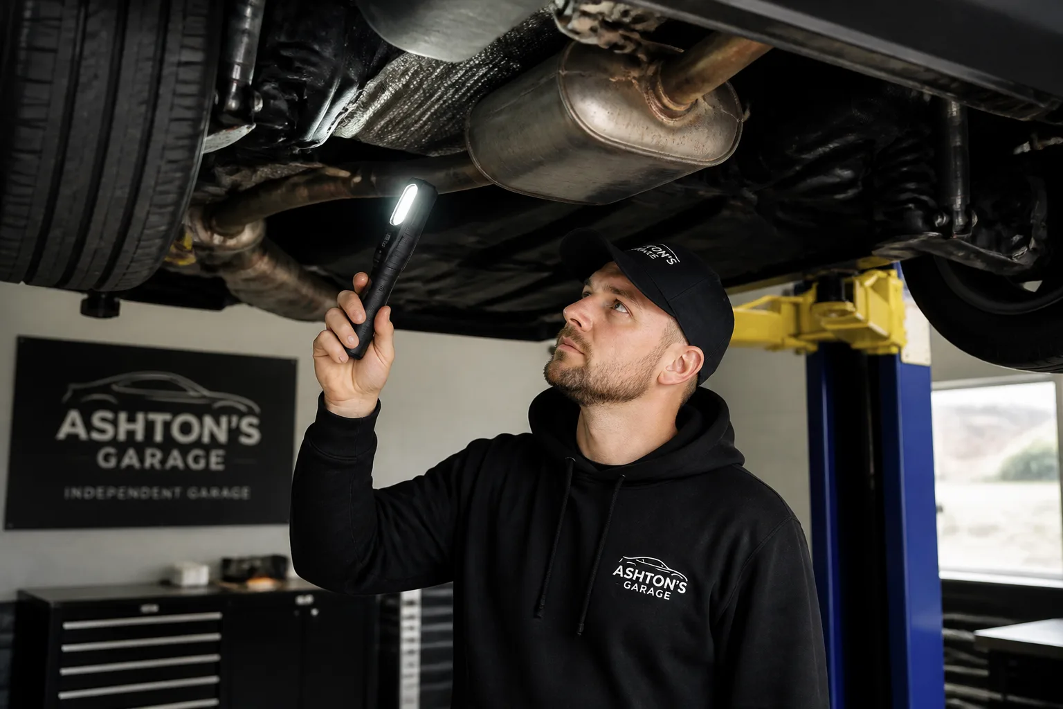 Mechanic inspecting a noisy car exhaust in an independent UK garage