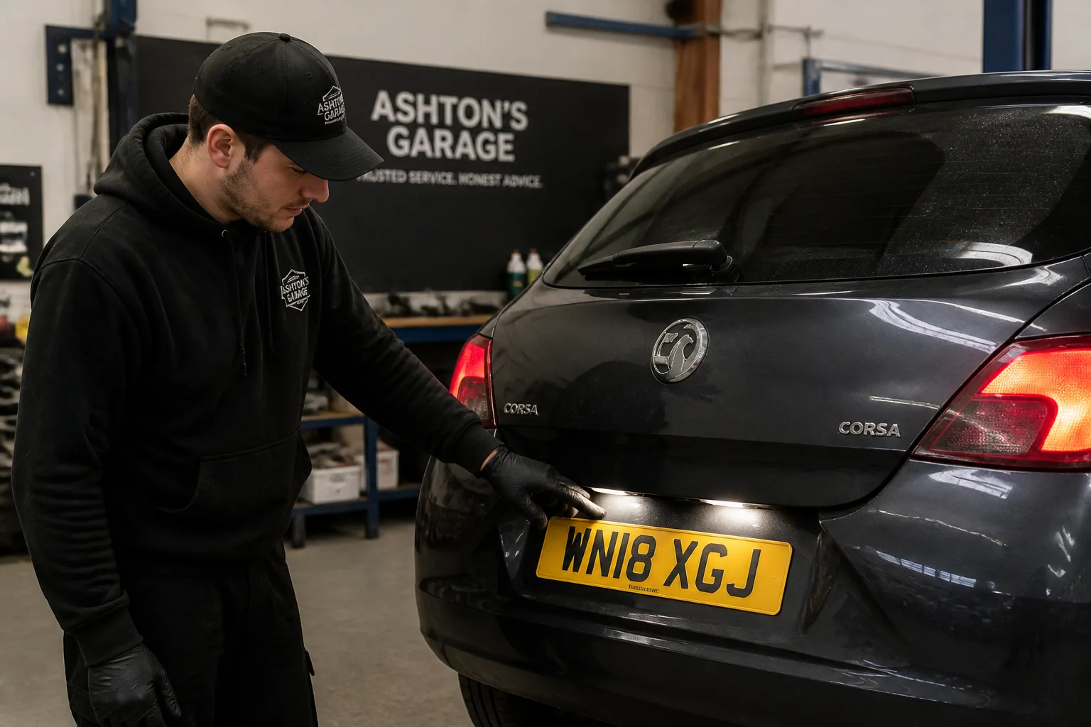 Mechanic checking a car’s rear number plate light before an MOT