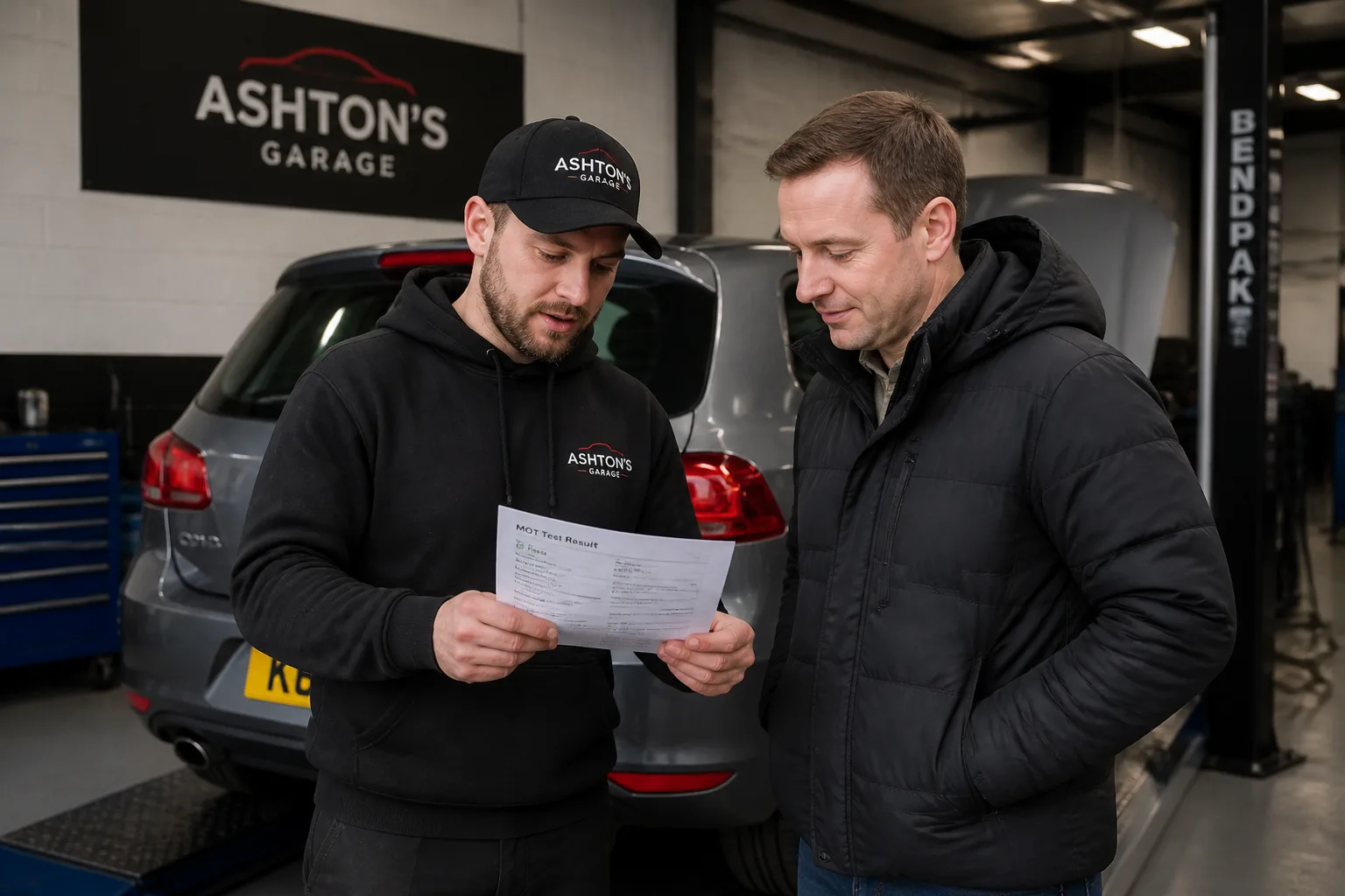 Mechanic explaining a dangerous MOT defect result to a motorist in an independent UK garage