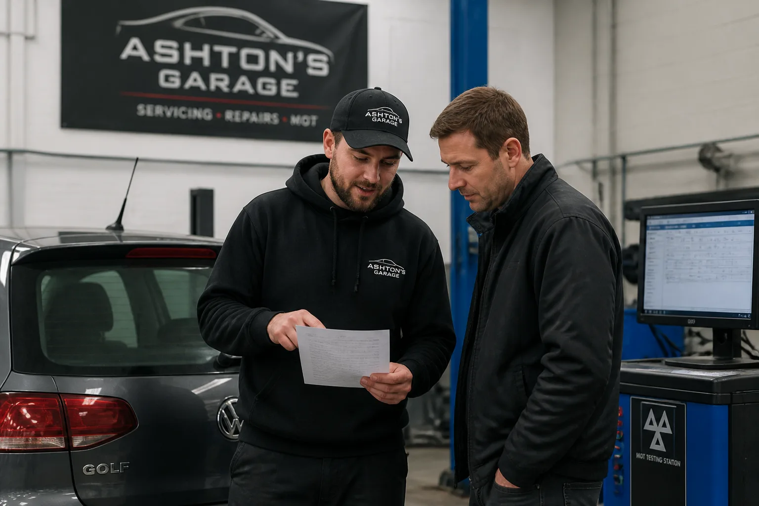 Mechanic explaining a major MOT defect report to a motorist in an independent UK garage