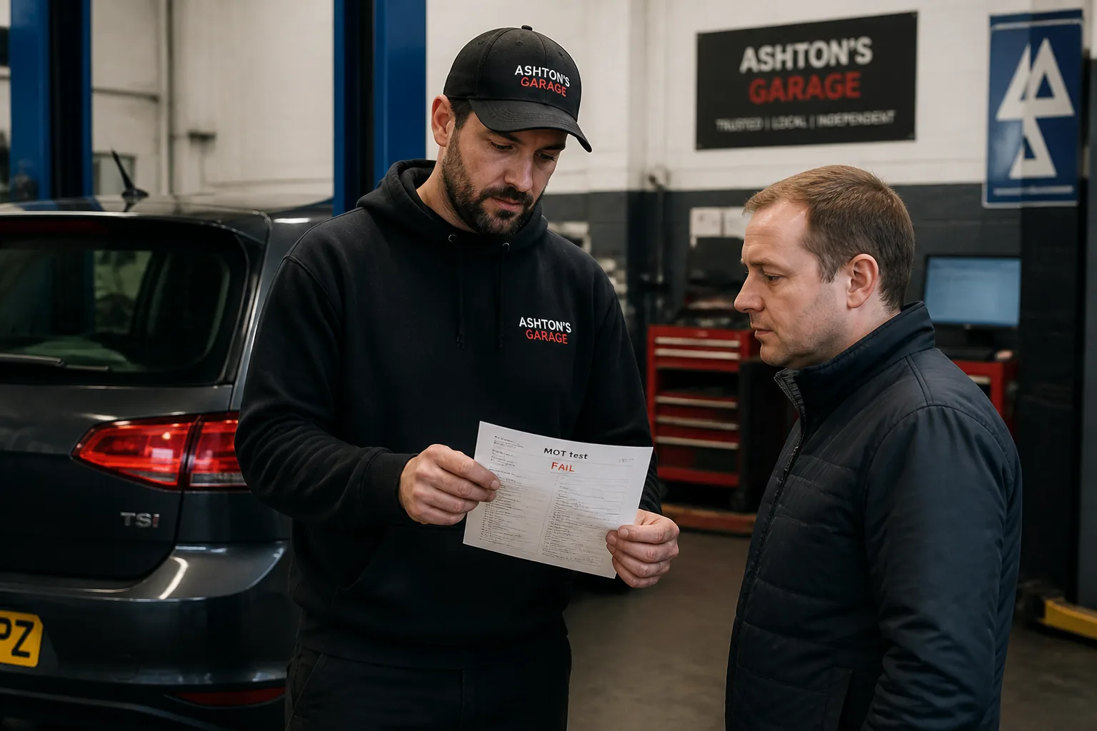 Mechanic explaining an MOT failure result to a motorist in an independent UK garage