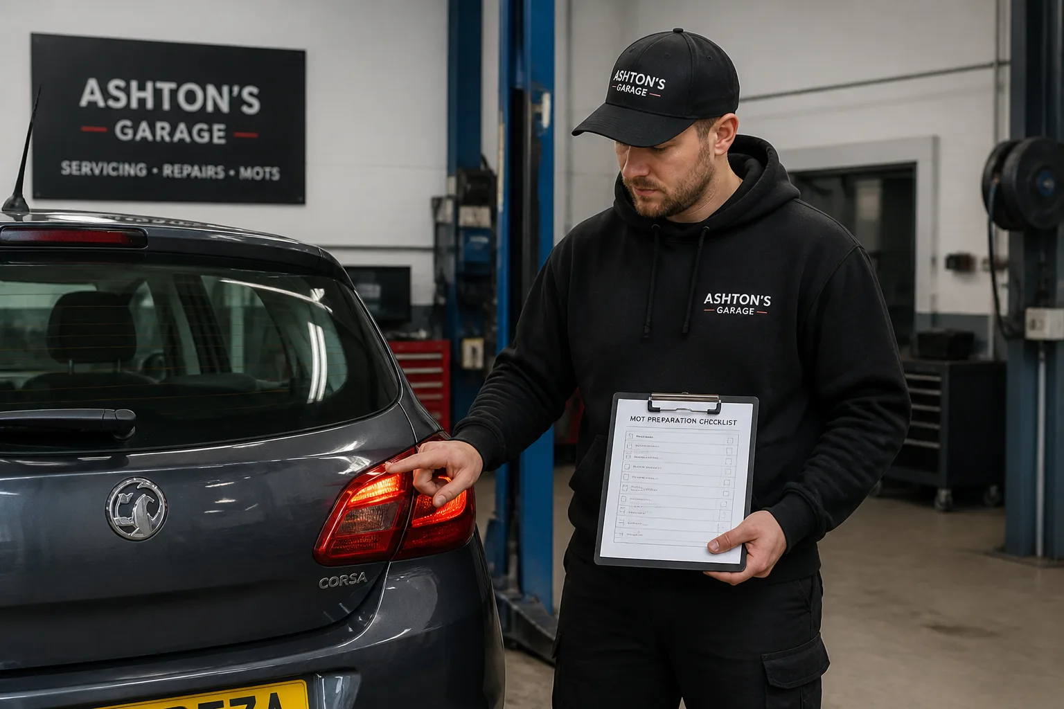 Mechanic checking a family car before its MOT in an independent UK garage