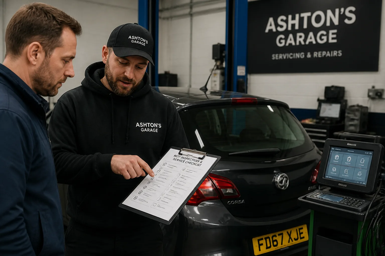 Mechanic explaining an MOT and service checklist beside a UK hatchback in an independent garage
