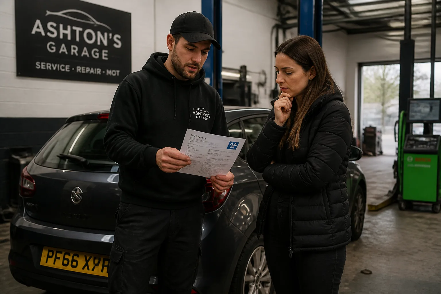 Mechanic explaining an MOT failure report and retest options to a car owner in an independent UK garage