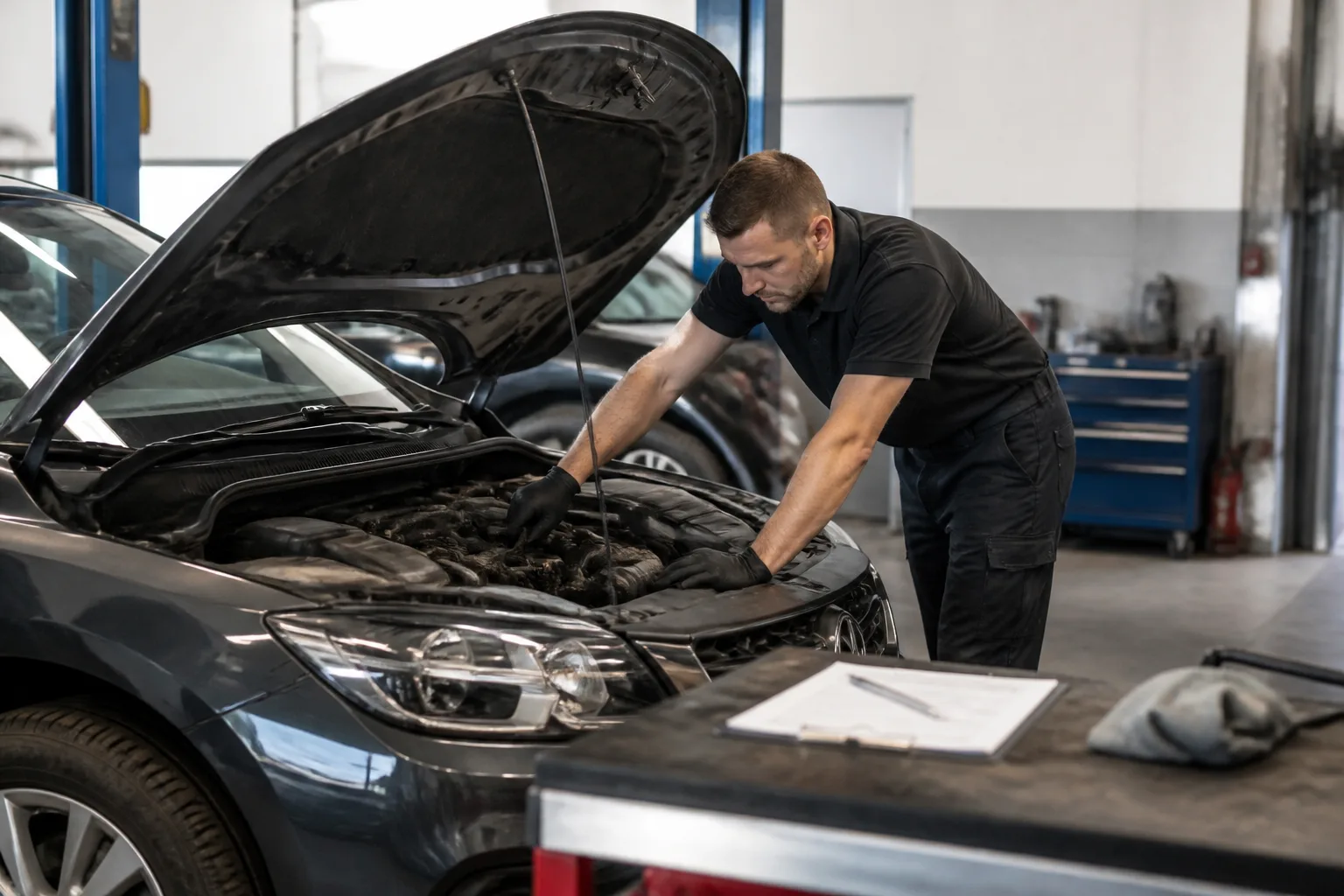 Technician checking a car during a routine service at an independent garage