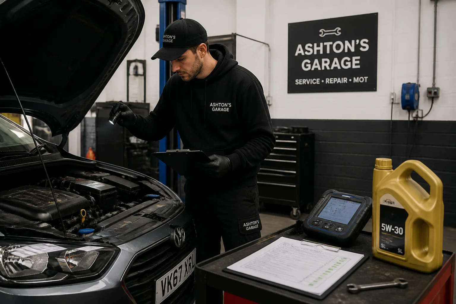 Mechanic carrying out a full car service inspection in an independent UK garage