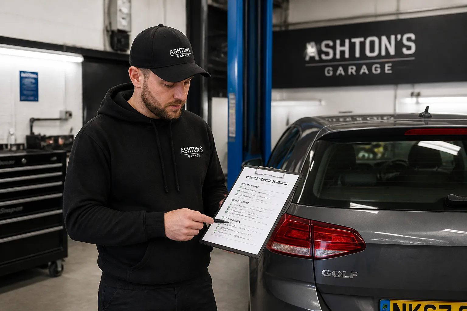 Mechanic comparing an interim and full service checklist beside a car in an independent UK garage