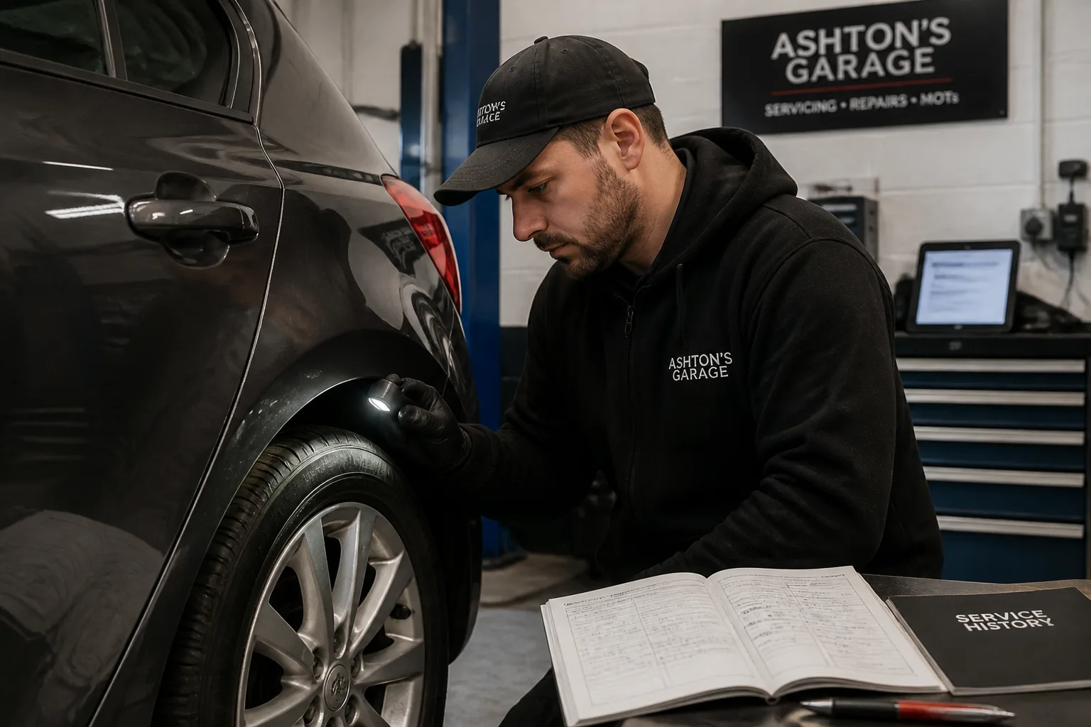 Mechanic inspecting a low-mileage car during a routine service at an independent UK garage