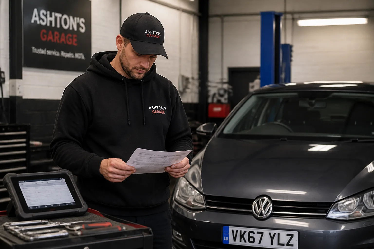 Mechanic reviewing a car service record beside a hatchback in an independent UK garage