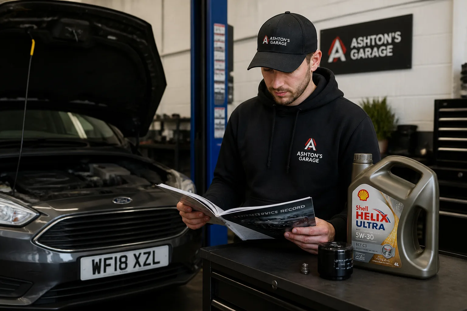 Mechanic in an independent UK garage checking engine oil service information beside a family hatchback
