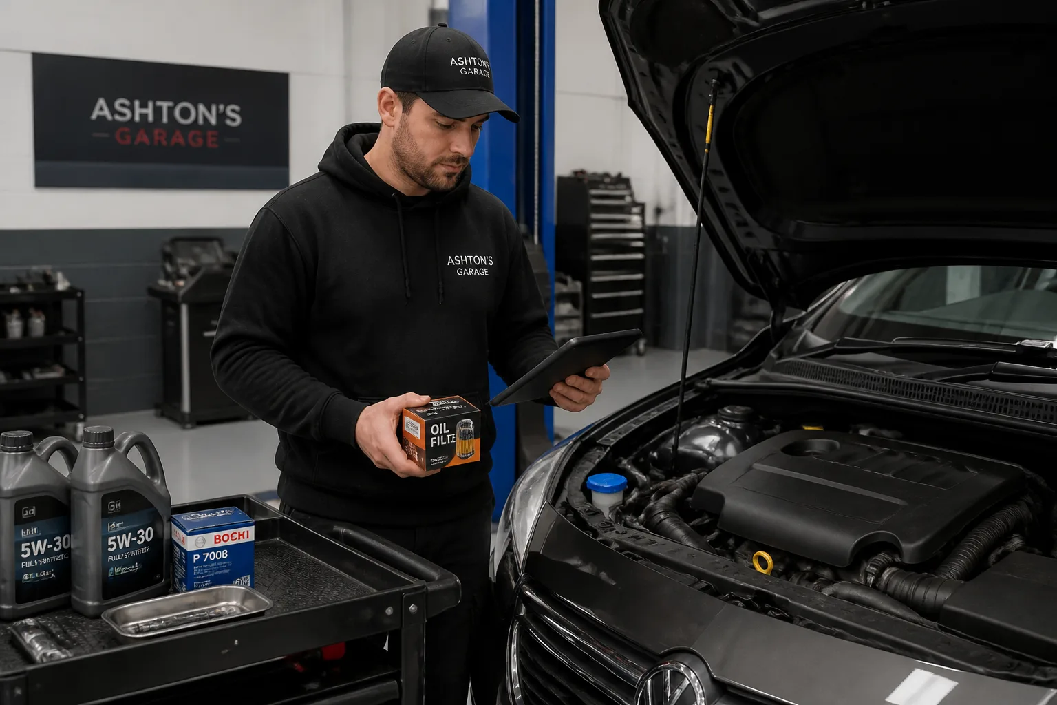 Mechanic checking an oil filter during a car service at an independent UK garage