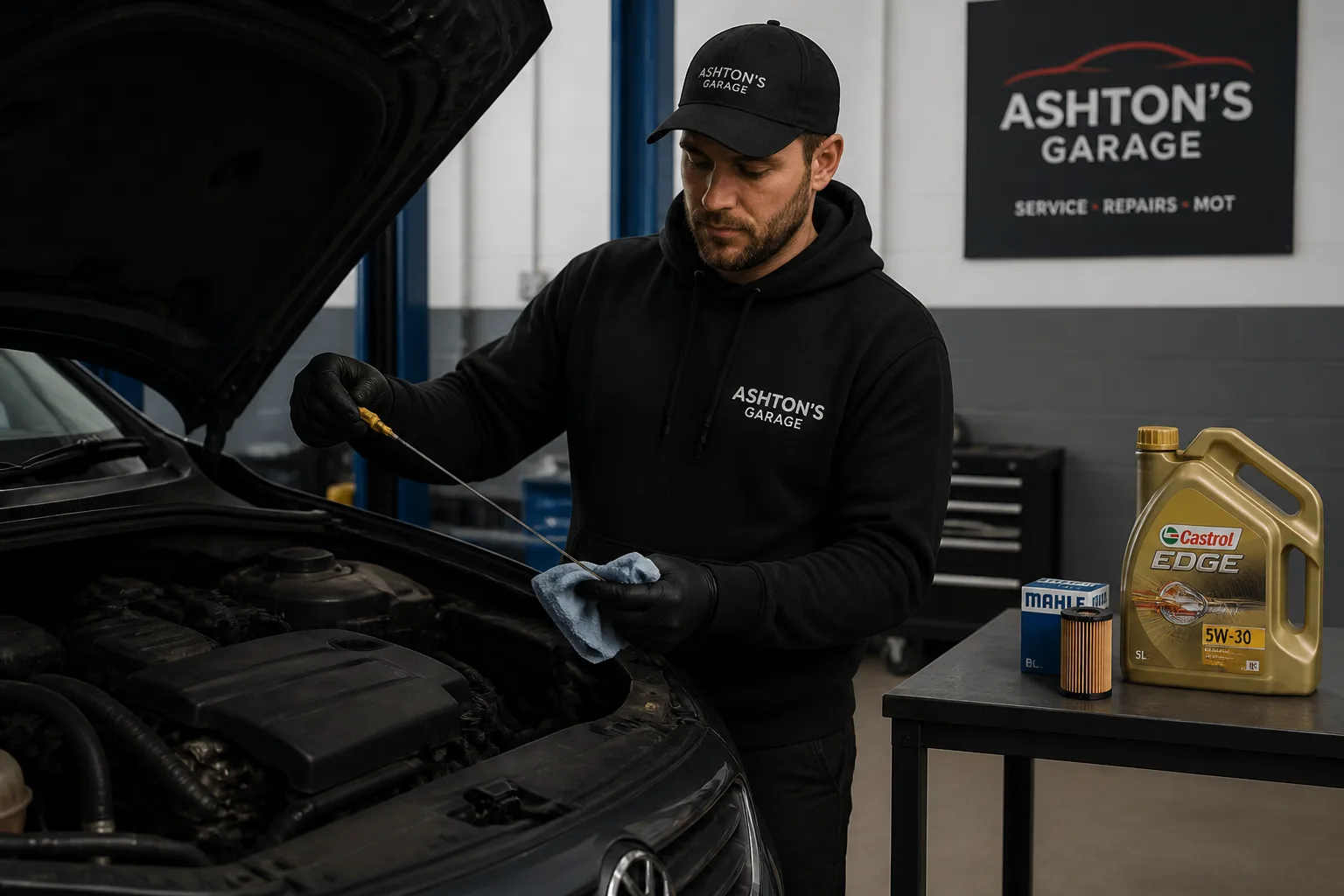 Mechanic checking the engine oil level of a family car in an independent UK garage