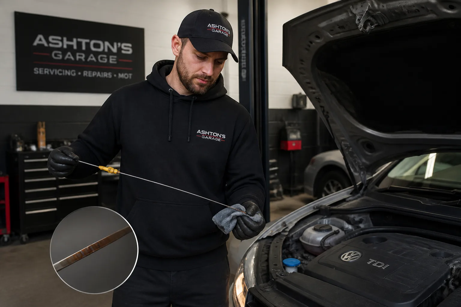 Mechanic checking the engine oil dipstick on a UK-market car in an independent garage