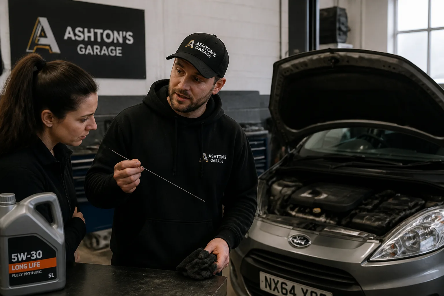 Mechanic checking a car with low engine oil in an independent UK garage