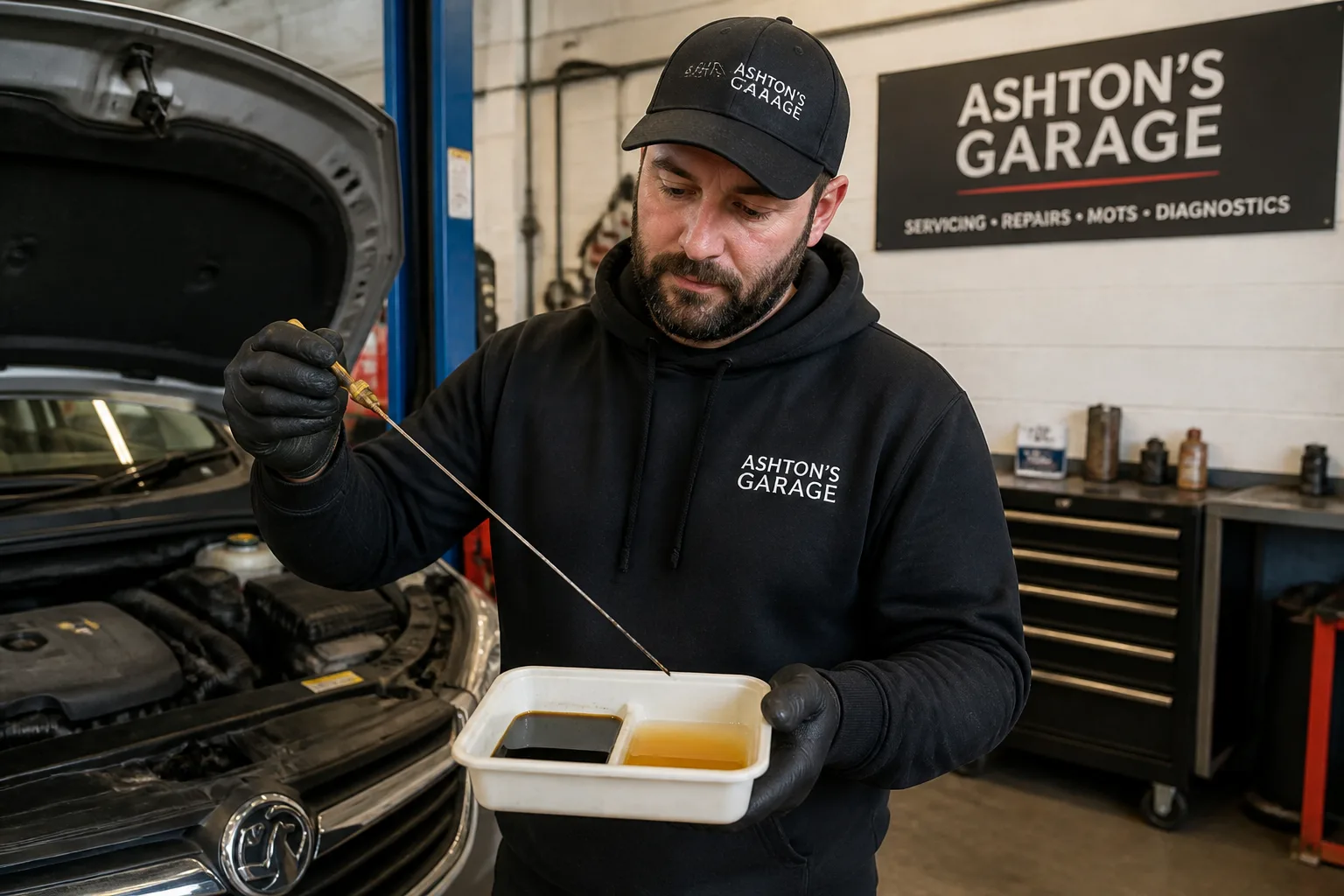 Mechanic comparing fresh amber engine oil with darker used oil in an independent UK garage