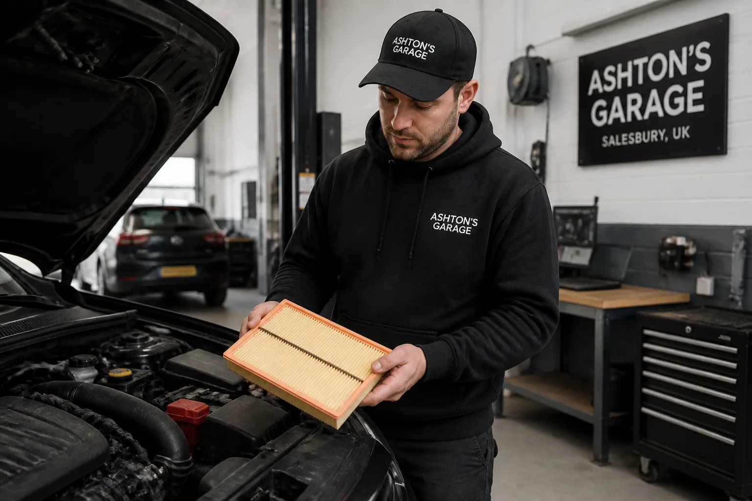 Mechanic inspecting a car engine air filter in an independent UK garage
