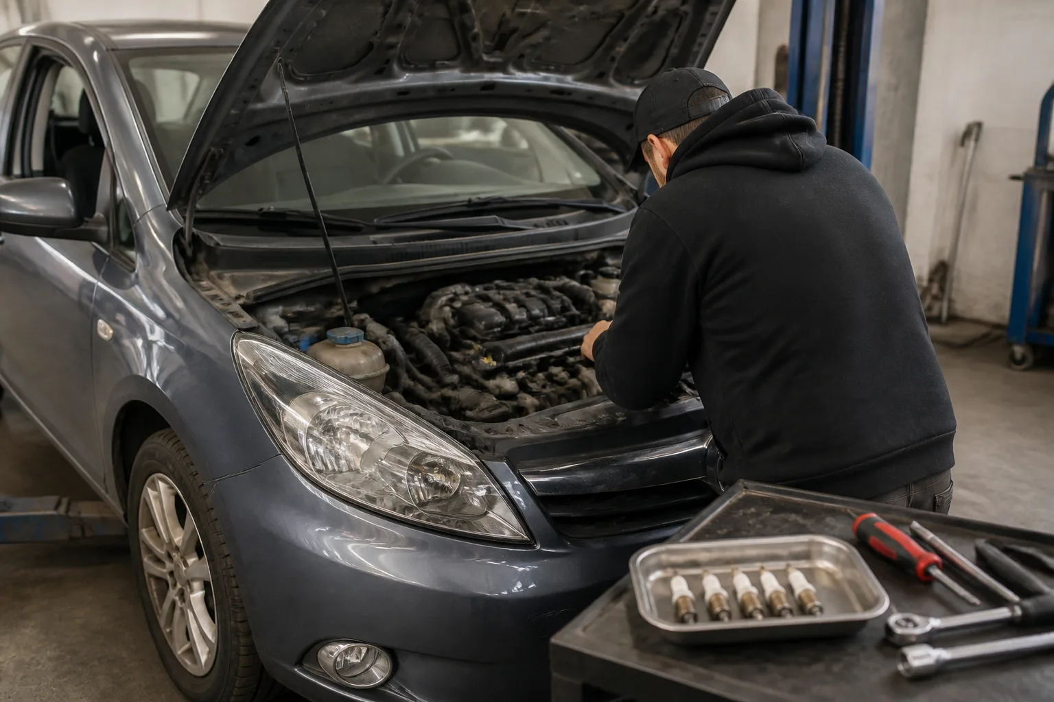 Mechanic inspecting spark plugs on a petrol car in an independent UK garage