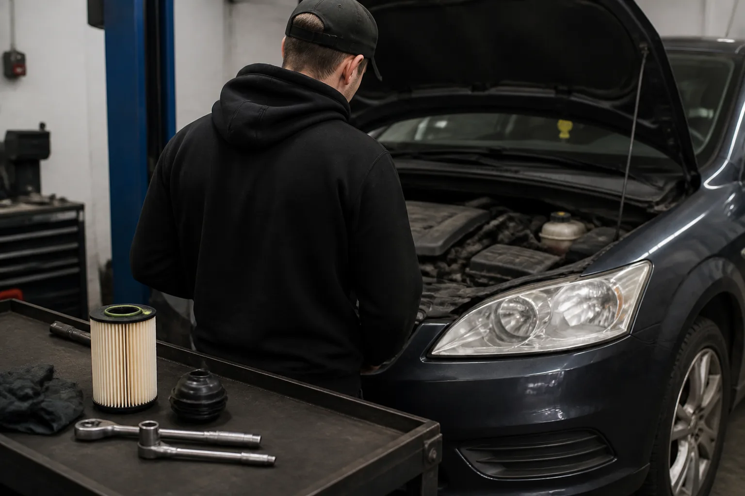 Mechanic inspecting a car fuel filter in an independent UK garage