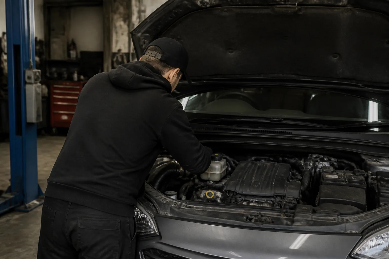Mechanic checking the brake fluid reservoir on a family car in an independent UK garage