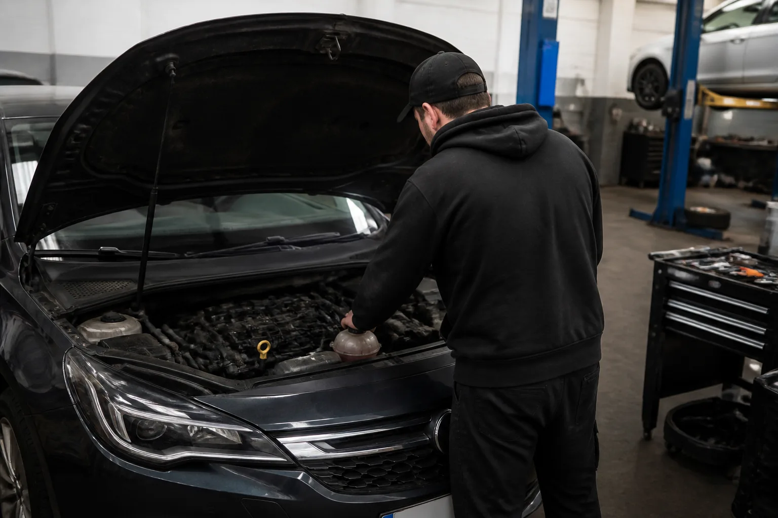 Mechanic checking the coolant system of a hatchback in an independent UK garage