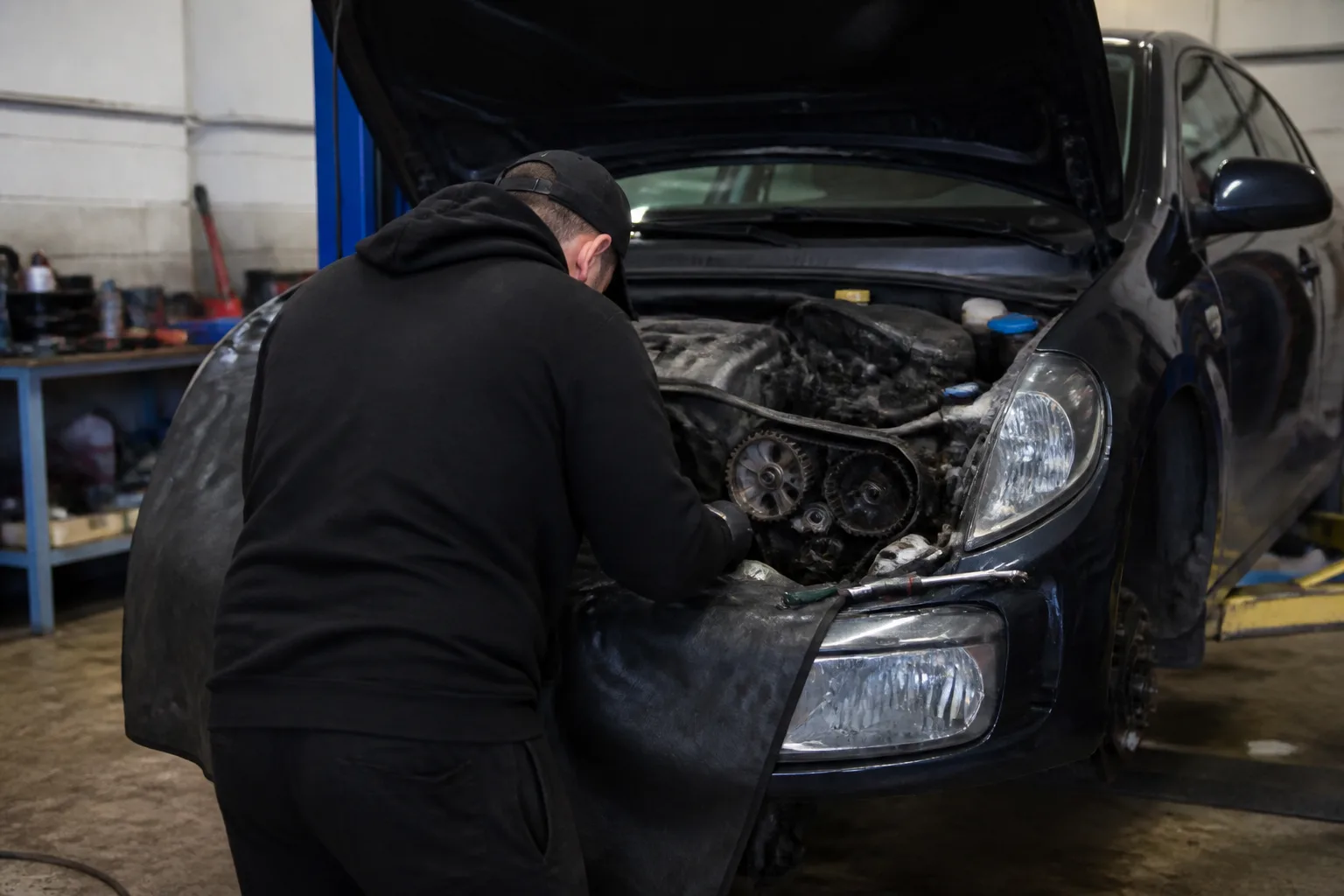 Mechanic inspecting the timing belt area of a family car in an independent UK garage
