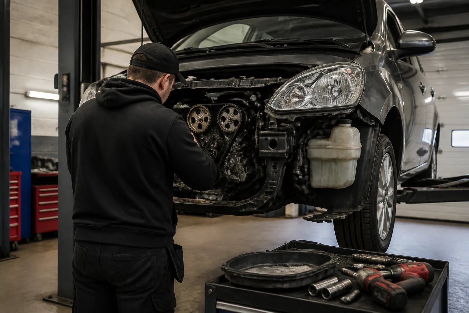 Mechanic inspecting the timing system of a family car in an independent UK garage