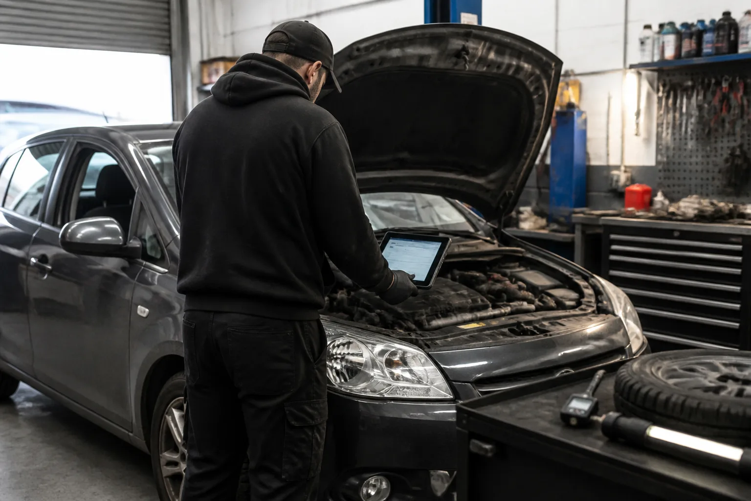 Mechanic carrying out a vehicle health check on a family hatchback in an independent UK garage