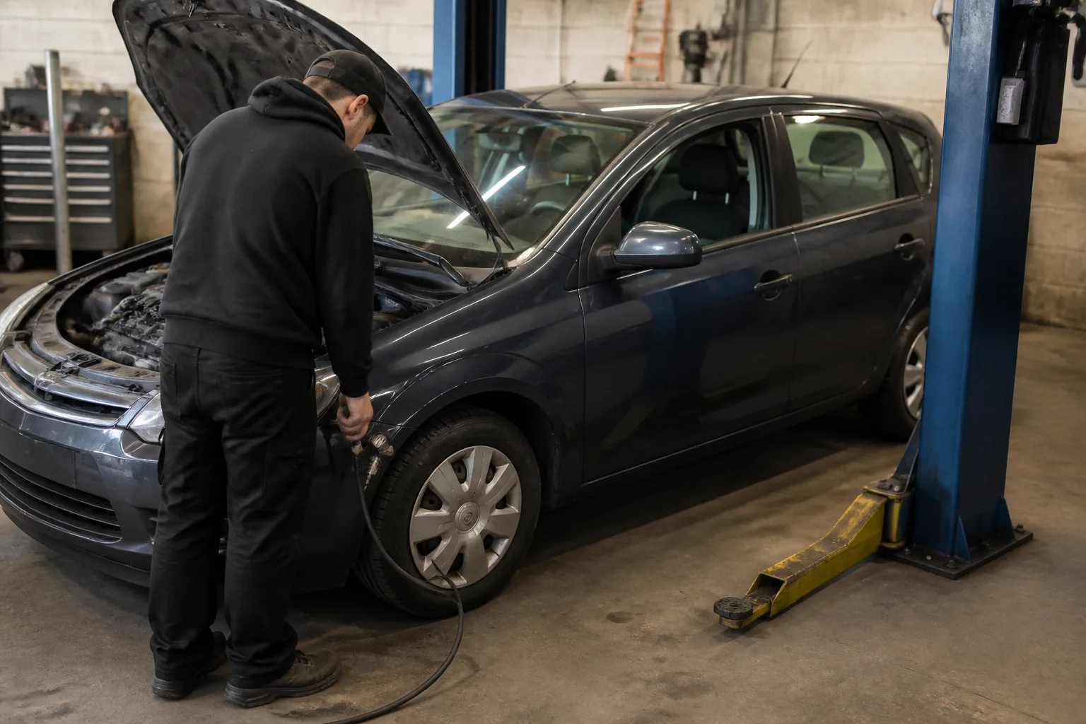 Mechanic carrying out pre-journey checks on a family car in an independent UK garage