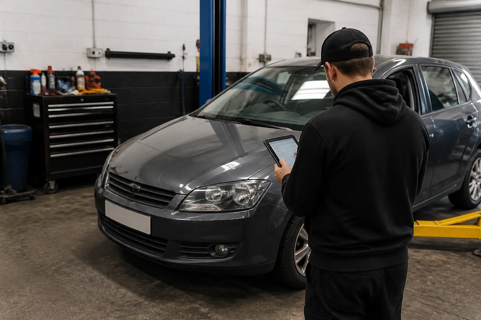 Mechanic checking a family car during a routine service inspection in an independent UK garage