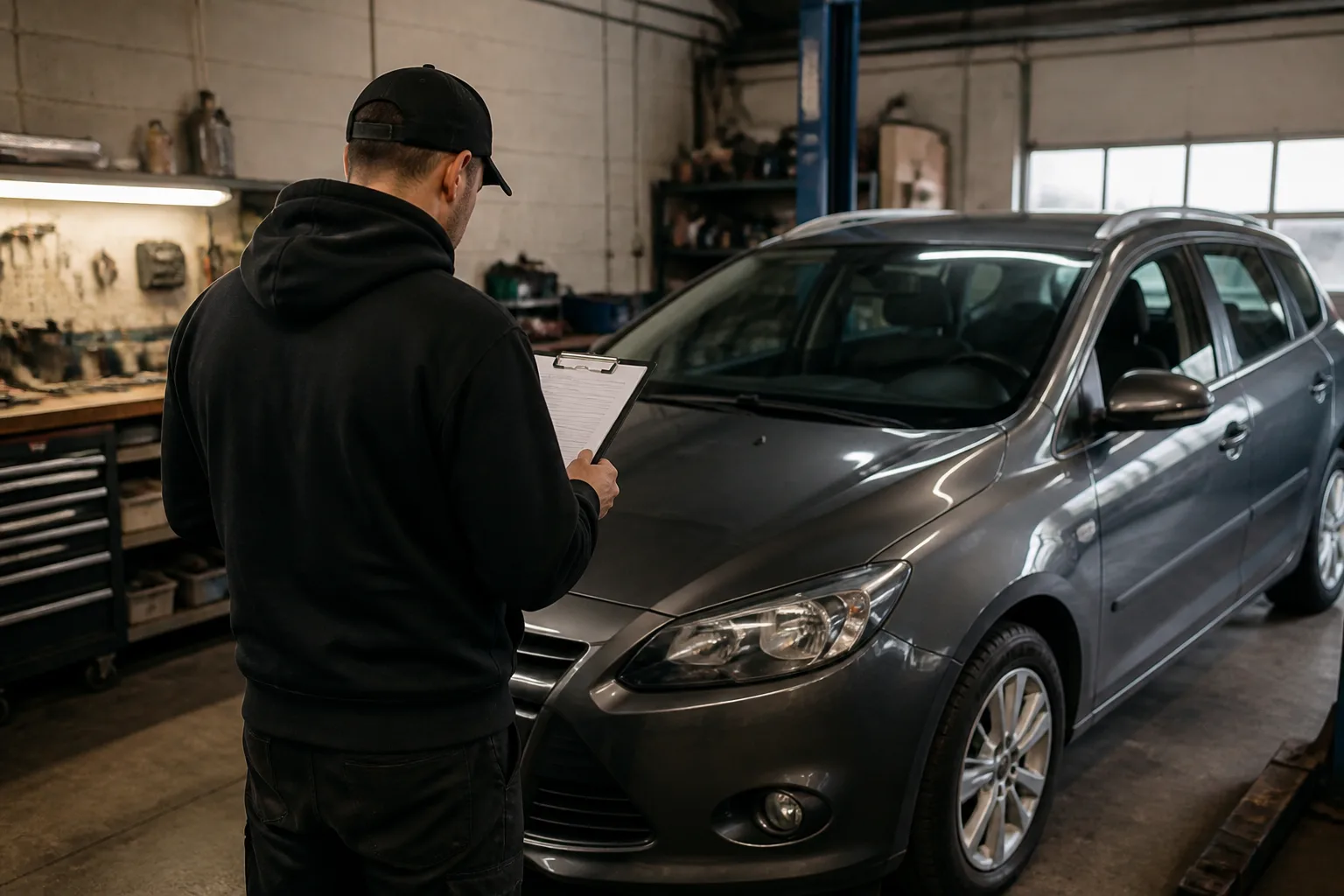 Mechanic reviewing a car service record beside a family hatchback in an independent UK garage