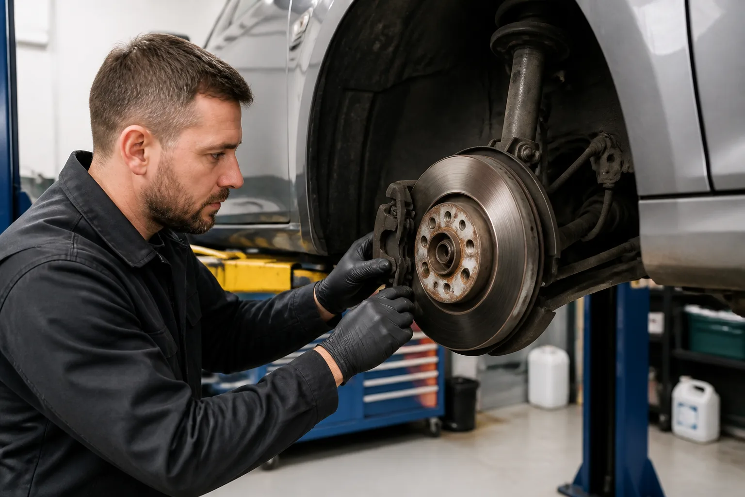 Mechanic inspecting brake pads and a brake disc in a garage workshop
