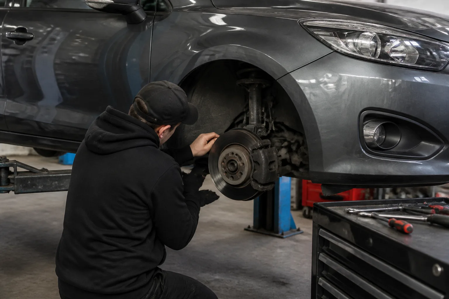 Mechanic inspecting brake pads and disc on a family car in an independent UK garage