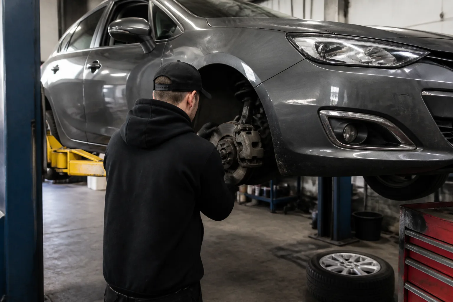 Mechanic inspecting the front brake and wheel of a family car in an independent UK garage