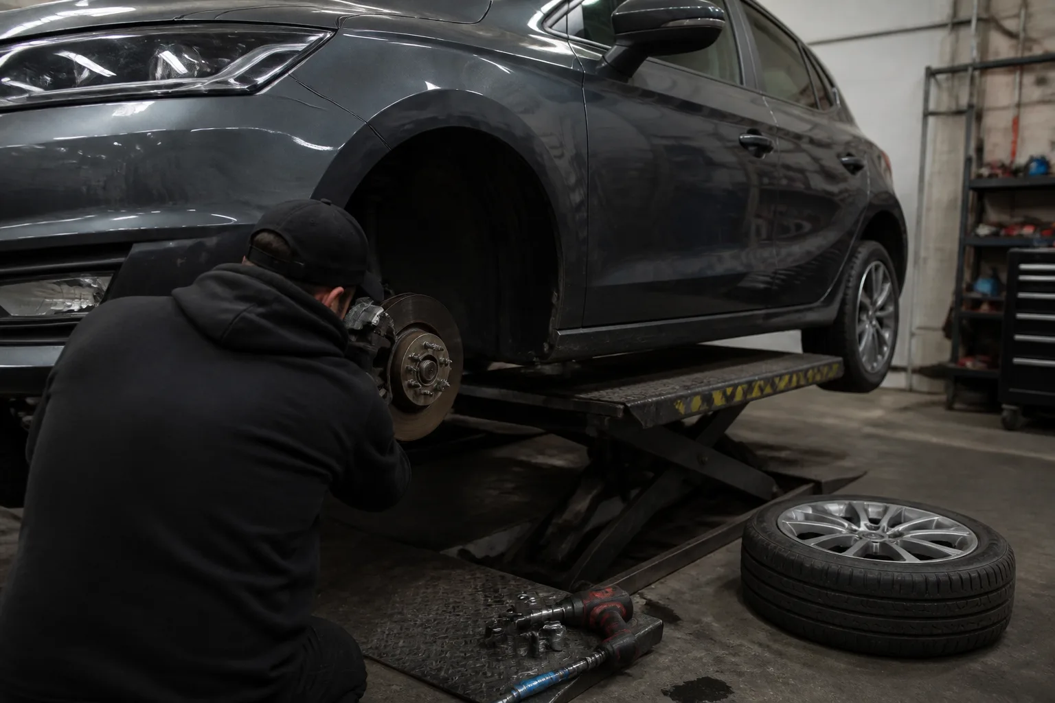 Mechanic inspecting the front brake and wheel area of a hatchback in an independent UK garage