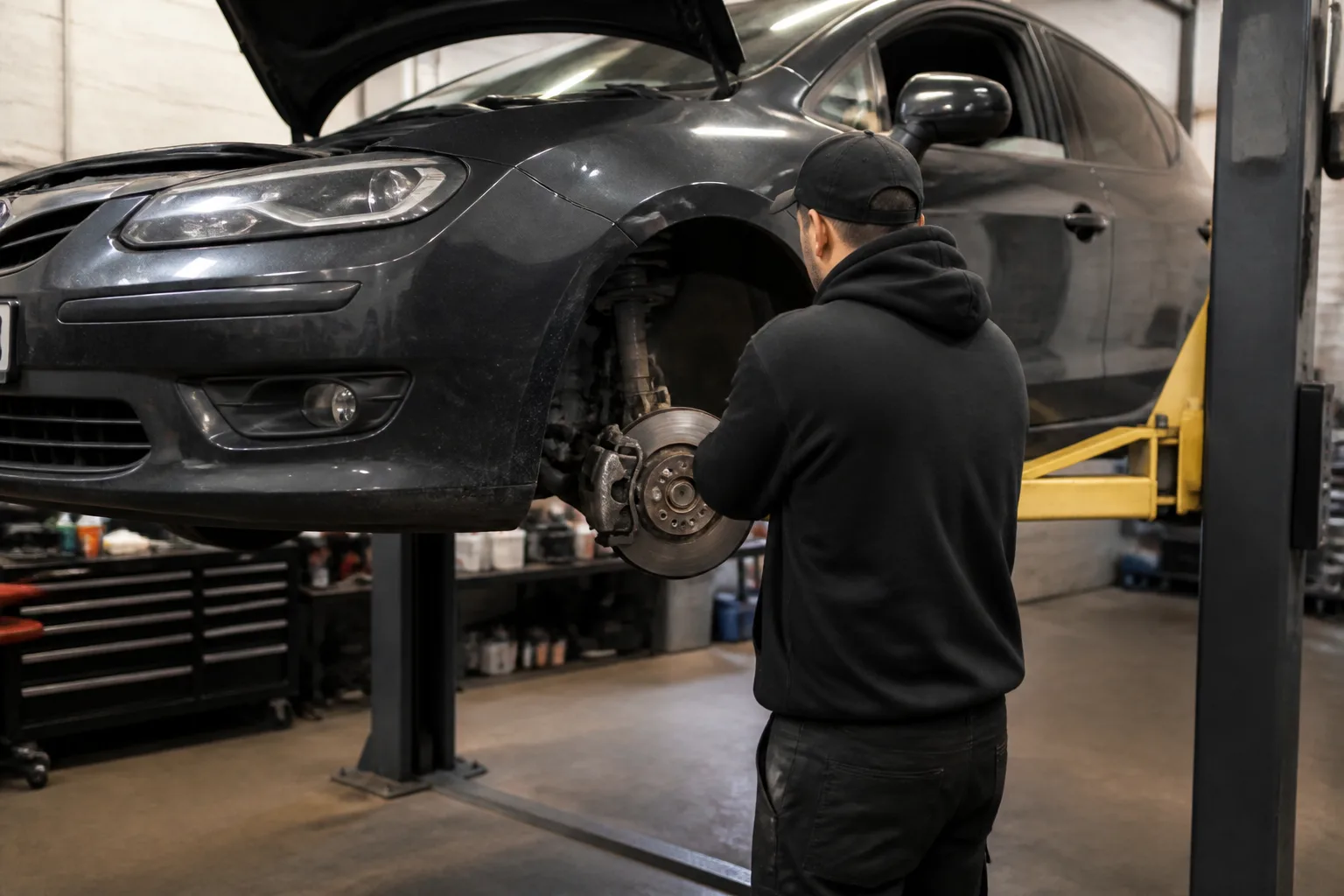 Mechanic inspecting a car's front brake disc and caliper in an independent UK garage