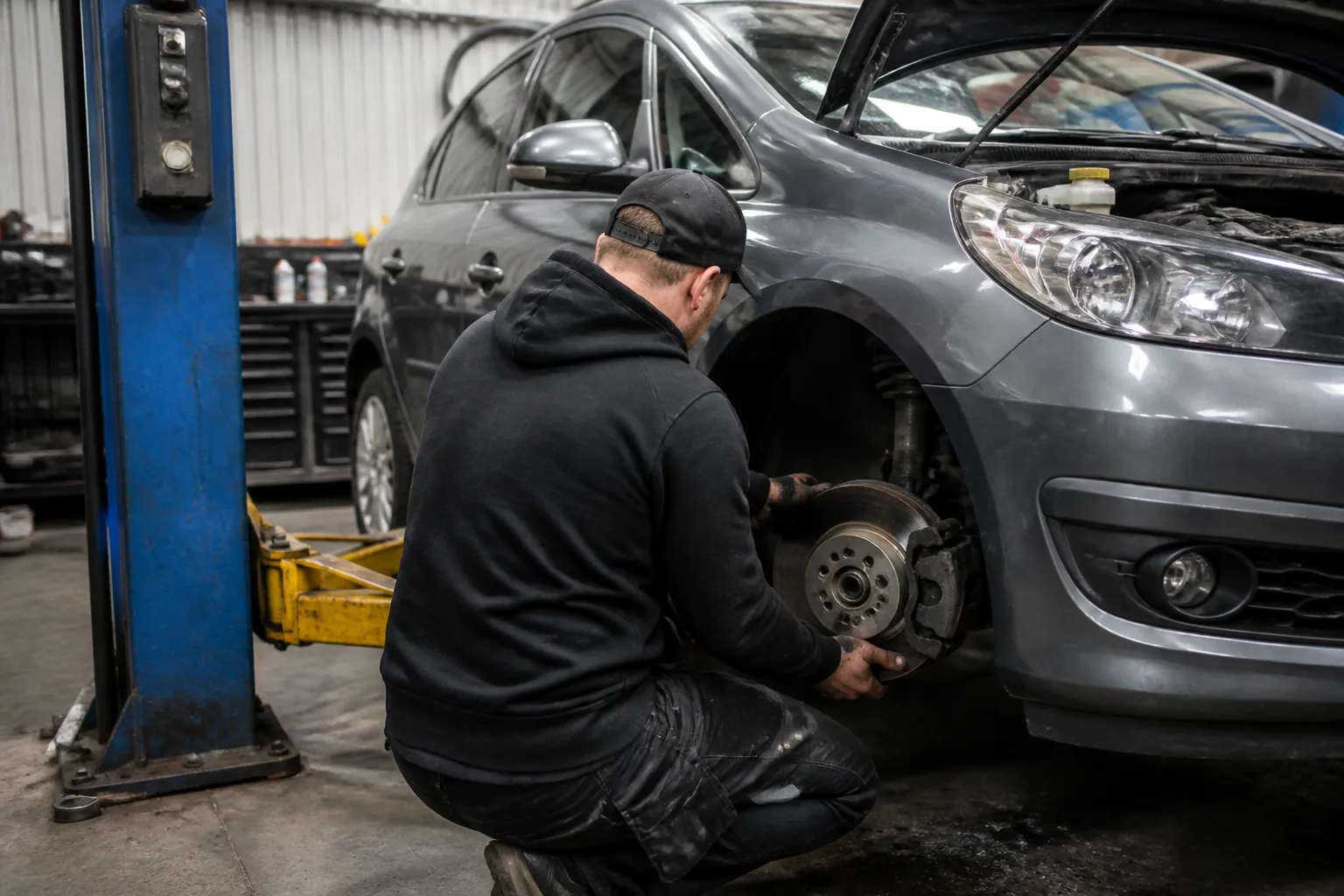 Mechanic inspecting the brake system of a UK hatchback in an independent garage