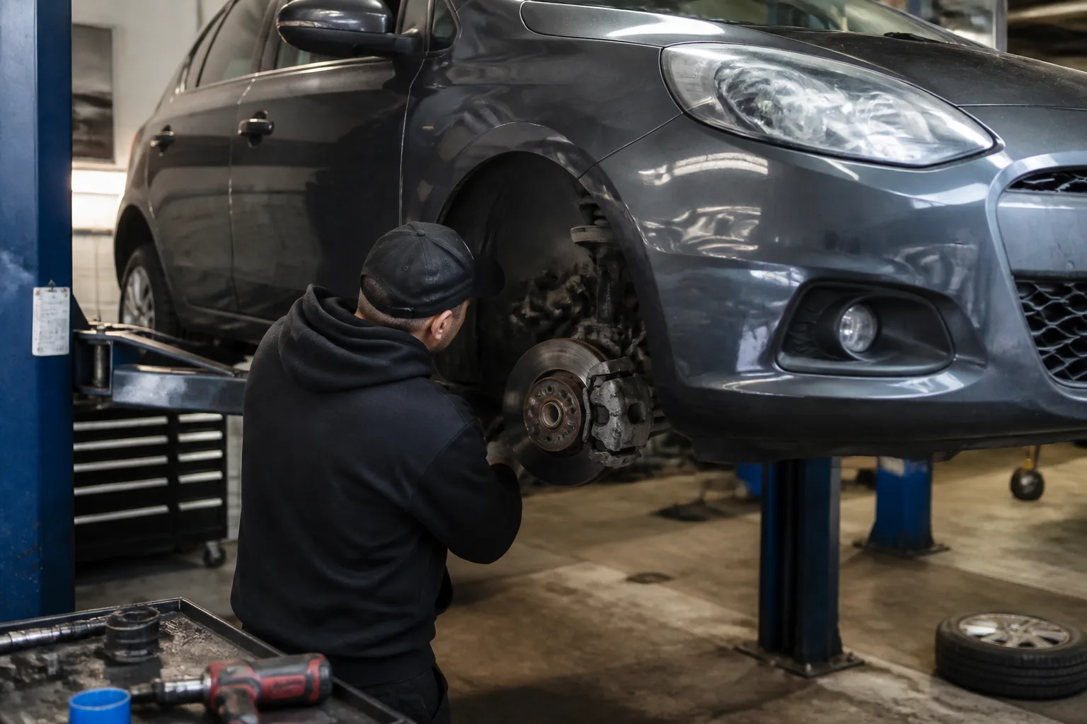 Mechanic inspecting a car's front brake disc and caliper in an independent UK garage