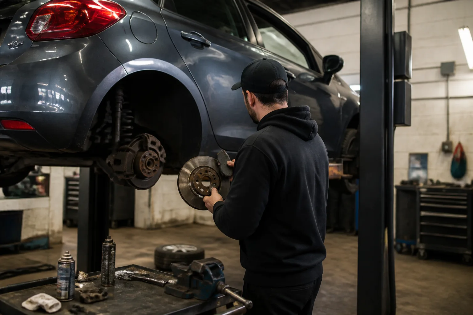 Mechanic inspecting a brake disc and pad beside a car in an independent UK garage