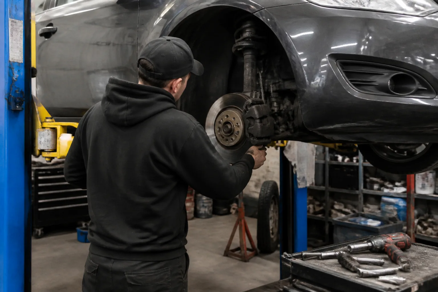 Mechanic safely inspecting a car's front brake disc and calliper in an independent UK garage